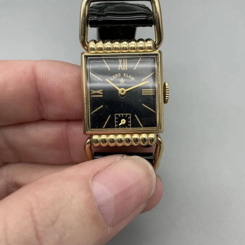 Vintage Lord Elgin Mens Watch 21mm Black Dial 14K Gold Filled 4602 Manual Wind